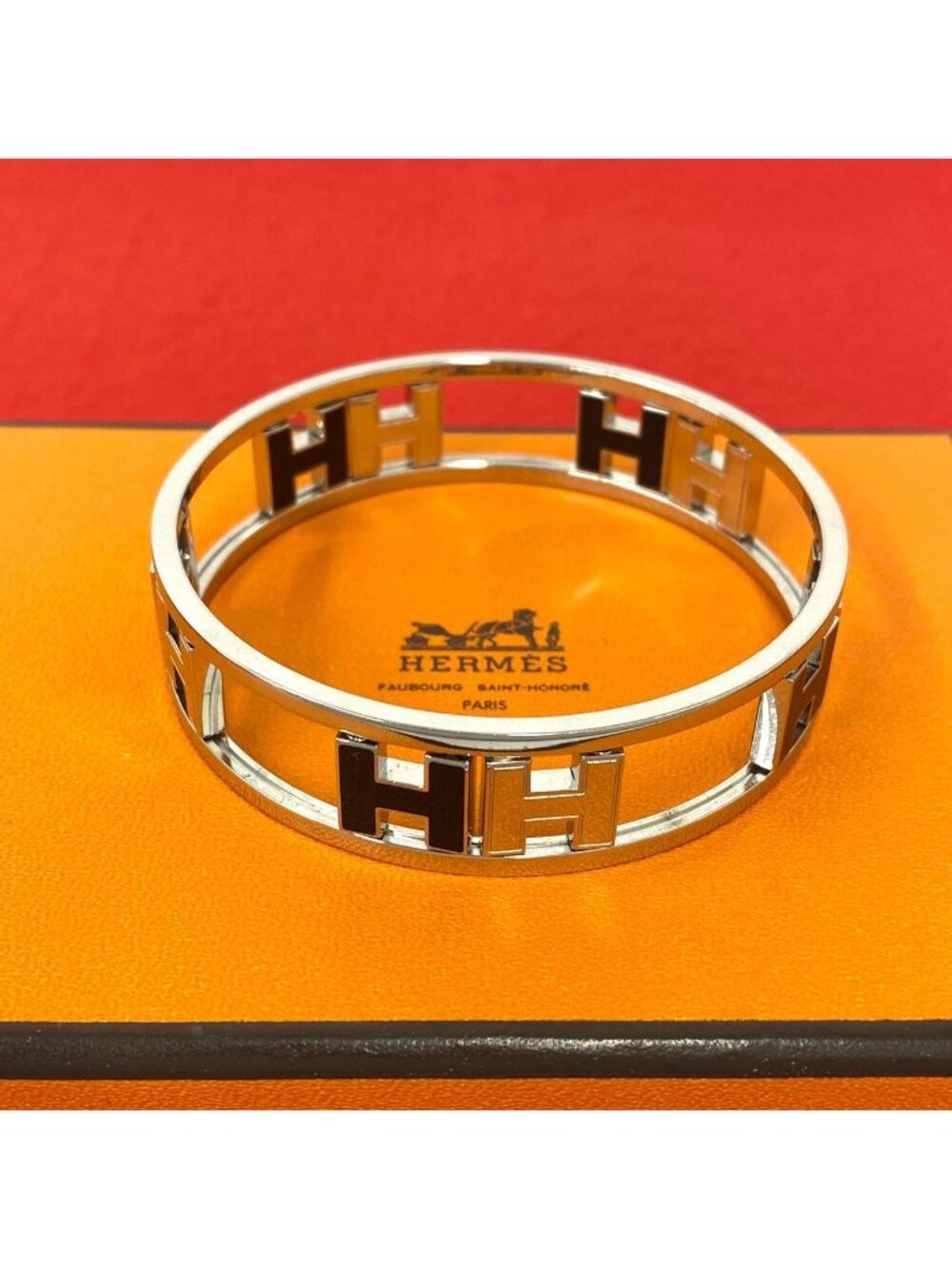 Hermes Rondo Ash Logo Bangle Metal Bracelet Silver Black
